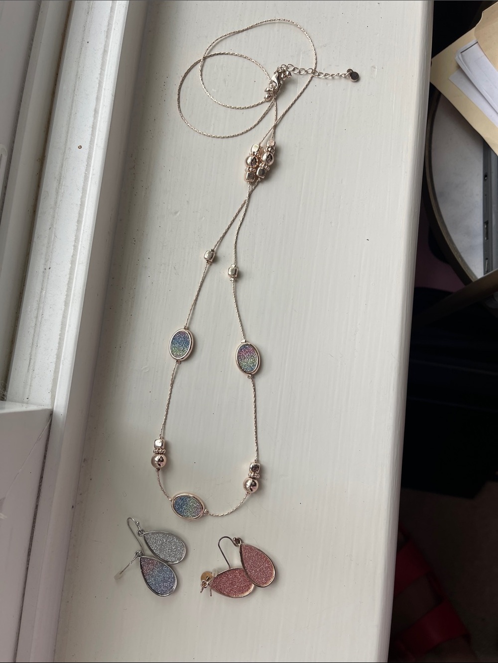 Gold-Tone Multi-Color Druzy Pendant Long Necklace and Earring Set